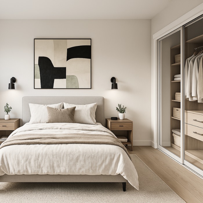 Primary bedroom featuring a minimalist aesthetic, bedside lighting, and custom walk-in closet – 1000 SQ FT 2 Bedroom 2 Bath ADU Floor Plan - Private Primary Suite with Walk-In Closet – showcases privacy in 2 bedroom 2 bath ADU plans.