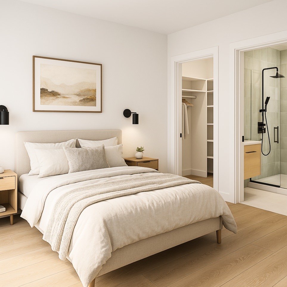Cottonwood 1000 sq ft ADU private primary suite with walk-in closet and en-suite bath designed for comfort and privacy.