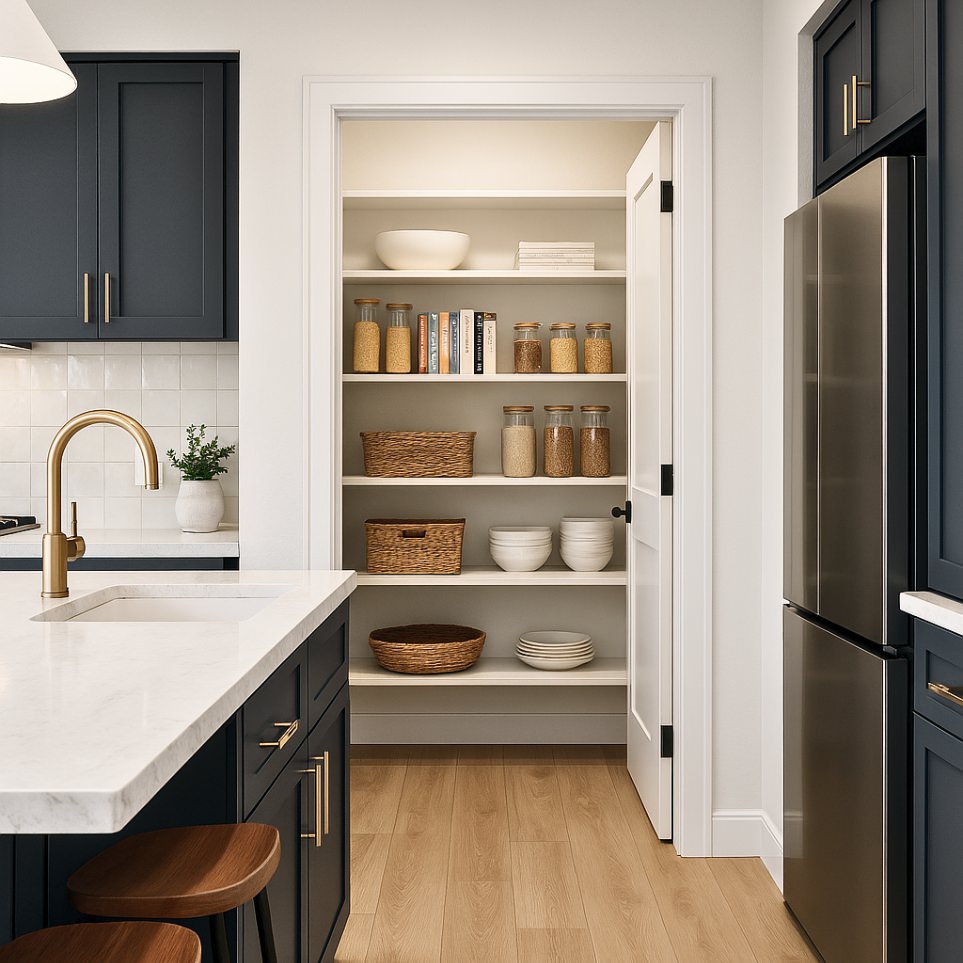 Built-in pantry and organized kitchen storage in the 1000 sq ft ADU, highlighting smart space planning and functional design.