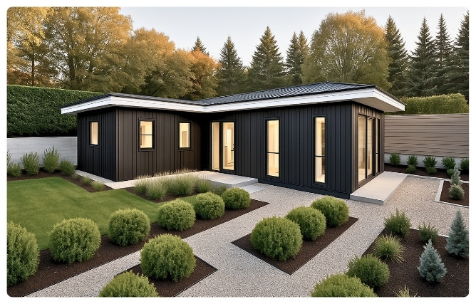 3D rendering of the Cherry 880 sq ft ADU exterior - black cladding, contemporary landscaping; highlights premium adu floor plans 880 sq ft.