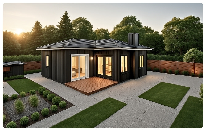 3D exterior rendering of Sandalwood adu 2 bedroom 900 sq ft floor plan with modern landscaping and dark siding