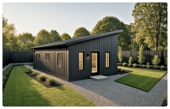 3D exterior rendering of the Sumac 985 SQ FT 2 bedroom 2 bath ADU plans showing modern black siding and landscaped yard.