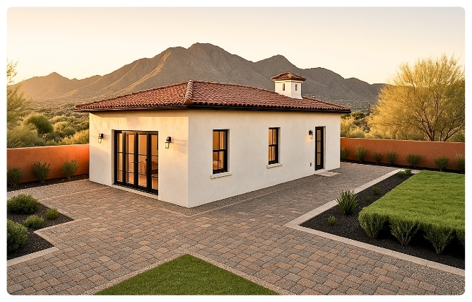 3D rendering of the Tamarind 950 sq ft ADU showing its Spanish-style architecture, red tile roof, and scenic desert backdrop.