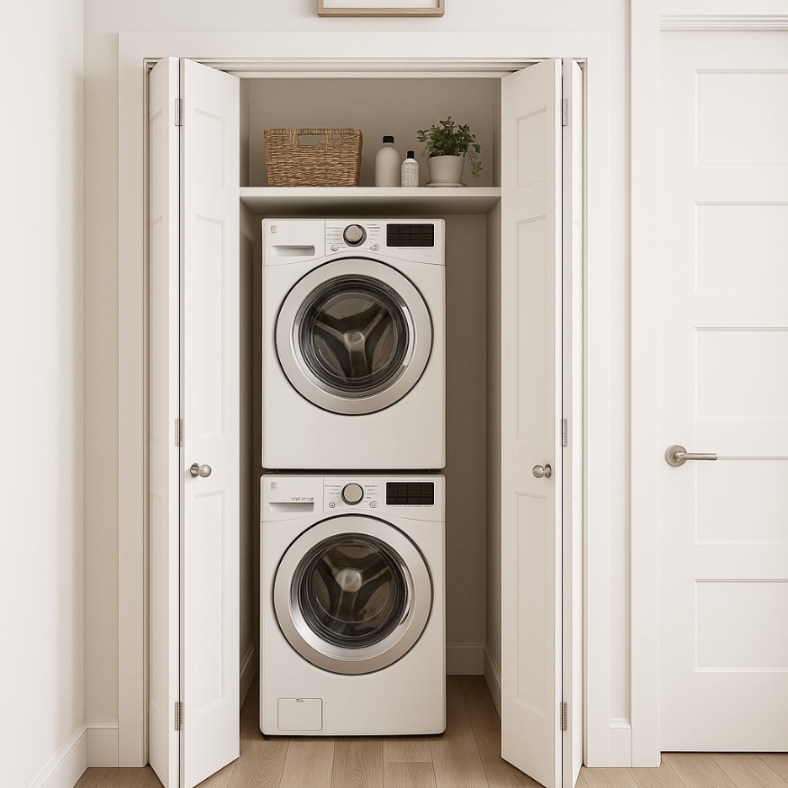 Compact laundry nook with stacked washer and dryer inside adu floor plans 880 sq ft – Cherry 2 bedroom floor plan