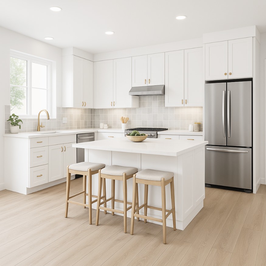 Bright all-white kitchen with island seating inside adu floor plans 880 sq ft – Cherry open floor plan