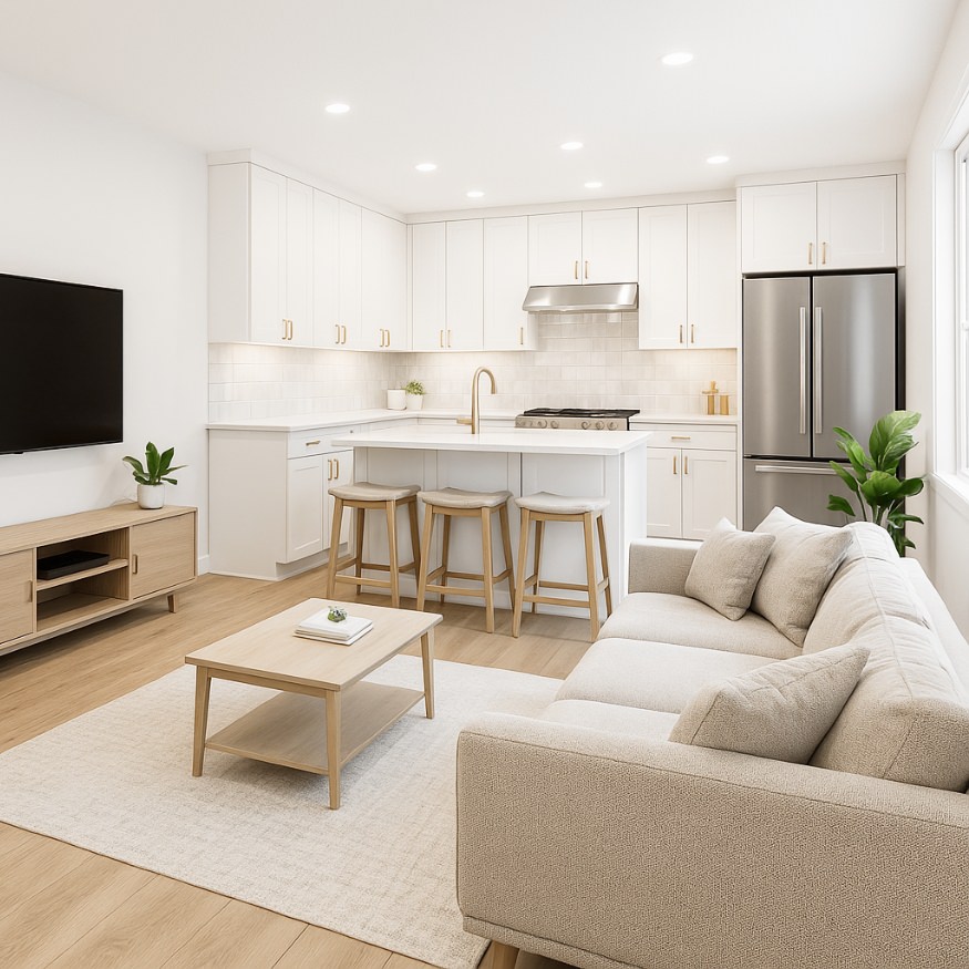 Combined living and kitchen area in Cherry adu floor plans 880 sq ft featuring island, sofa, and modern furnishings