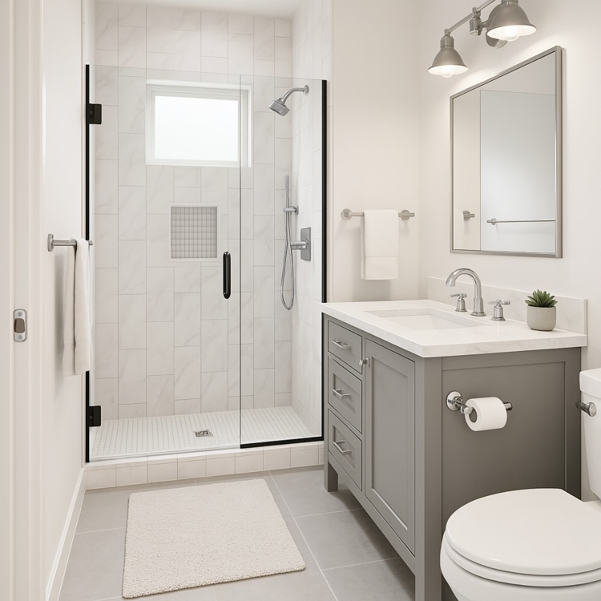 Guest bathroom in Cherry adu floor plans 880 sq ft with walk-in shower, white tile, and gray vanity