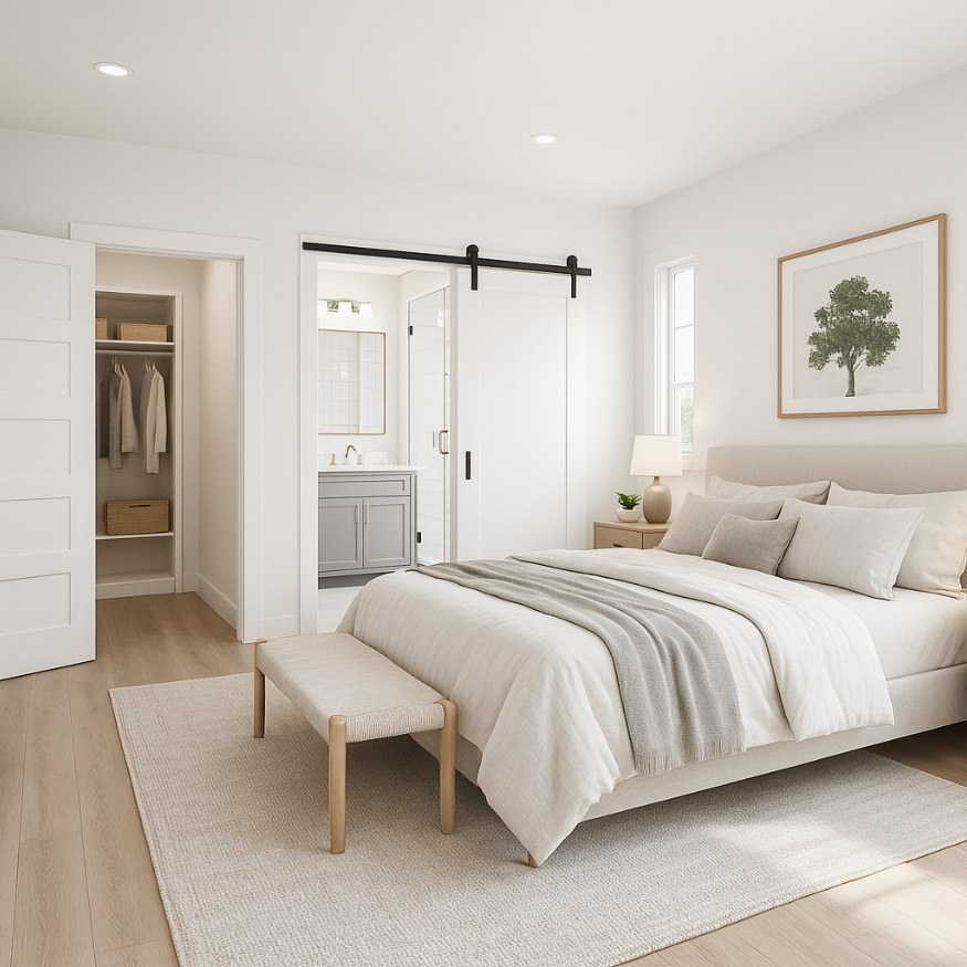 Primary bedroom suite in Cherry adu floor plans 880 sq ft with walk-in closet, en-suite bath, and neutral palette