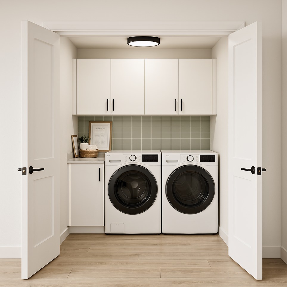 Dedicated laundry closet in adu 2 bedroom with front-load washer dryer and storage cabinetry in a compact design
