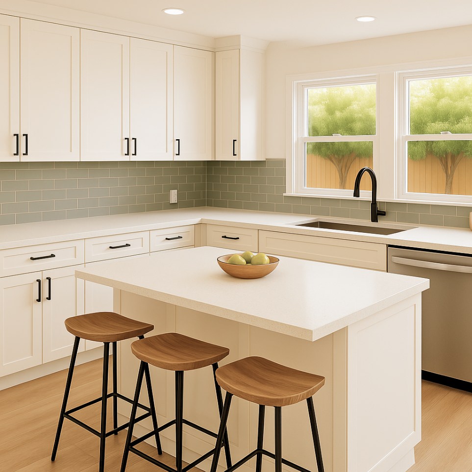 L-shaped kitchen in adu 2 bedroom showcasing center island with bar seating, modern cabinetry, and dual window light