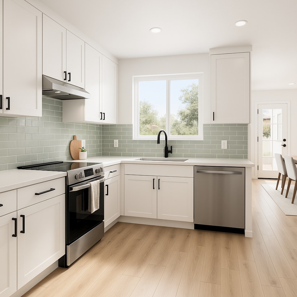 Open-concept kitchen in adu 2 bedroom layout with stainless steel appliances, corner window views, and light oak flooring