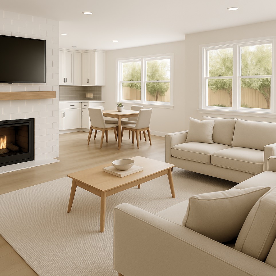 Cozy living area in adu 2 bedroom featuring fireplace focal point, minimalist furnishings, and dining nook