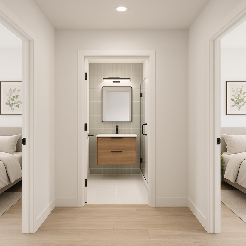 Central hallway view in adu 2 bedroom highlighting split-bedroom layout and stylish bathroom access