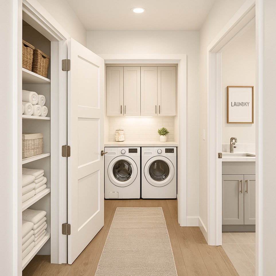 Dedicated laundry area in the 950 sq ft ADU featuring full-size washer and dryer, upper storage cabinets, and linen shelving for efficient daily use.