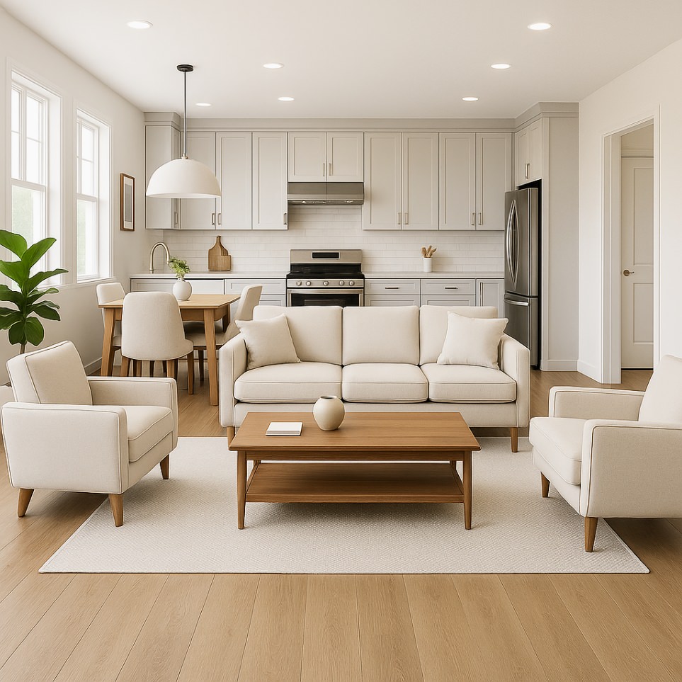 Bright and airy open-concept space in the 950 sq ft ADU showing seamless flow between living room, kitchen, and dining area with modern furnishings.
