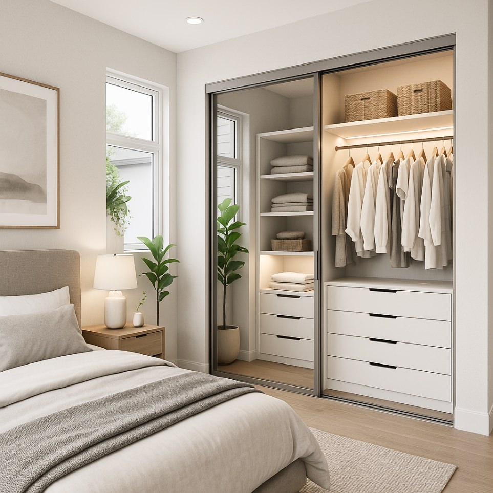 Bedroom storage design in the 950 sq ft ADU with built-in drawers, open shelving, and a sliding closet system that maximizes space efficiency.