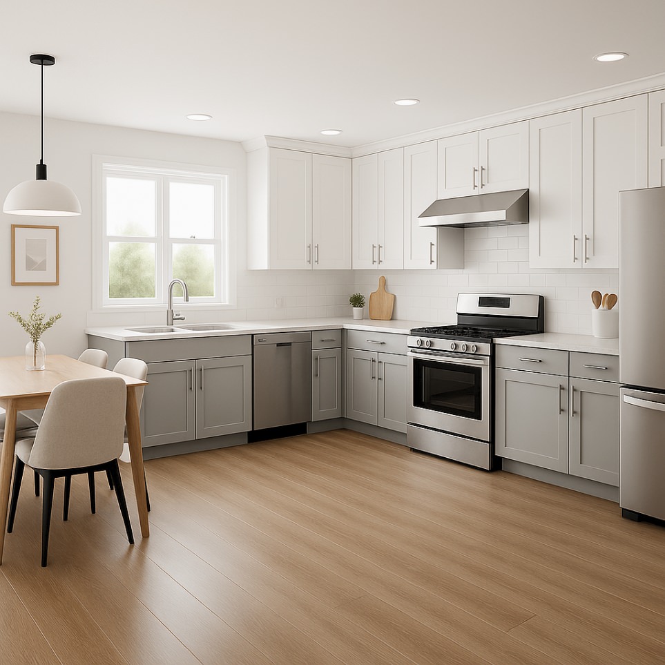 Modern L-shaped kitchen in the 950 sq ft ADU featuring stainless steel appliances, subway tile backsplash, full pantry storage, and a central dining nook.