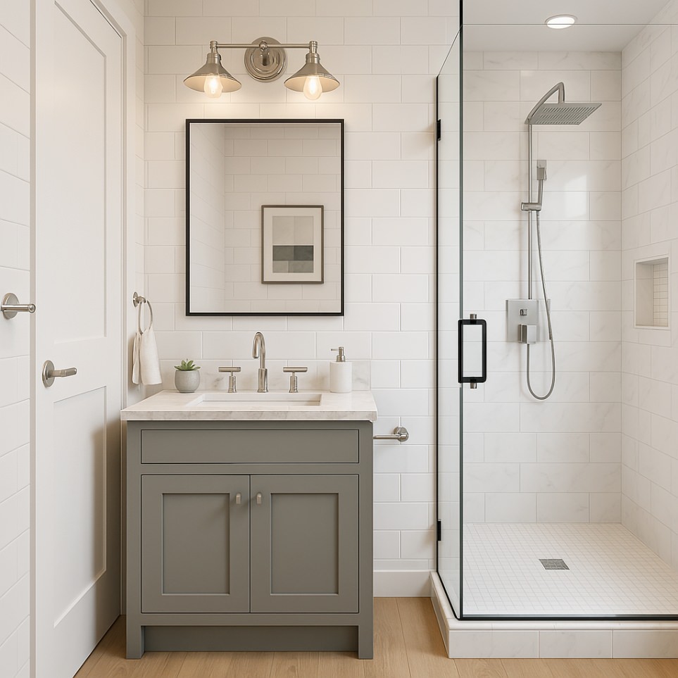 Modern bathroom interior in the 950 sq ft ADU featuring a single-sink vanity, walk-in glass shower, and white tile walls for a sleek, functional design.