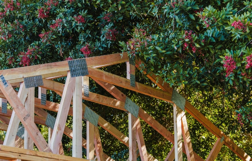 Wooden framing under a tree representing the early construction phase of 985 sq ft 2 bedroom 2 bath ADU plans.