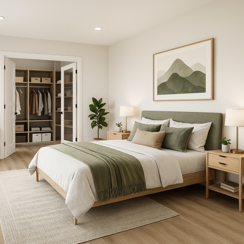 Stylish second bedroom in the 985 SQ FT 2 bedroom 2 bath ADU plans, featuring walk-in closet, green decor accents, and wood finishes.