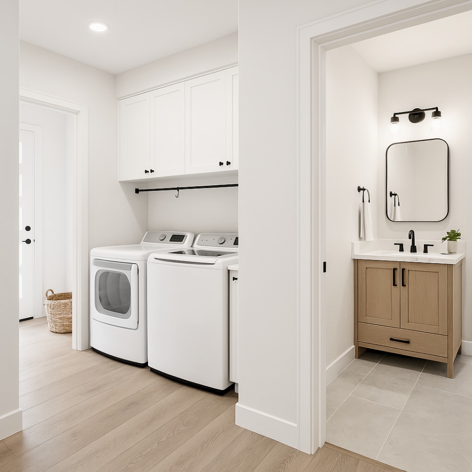 Bright laundry room with adjacent guest bath from the 985 SQ FT 2 bedroom 2 bath ADU plans, designed for functionality and flow.