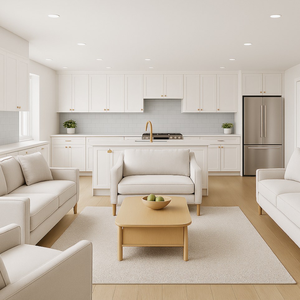 Modern open-concept living room and kitchen space in the 985 SQ FT 2 bedroom 2 bath ADU plans with clean, neutral interiors.