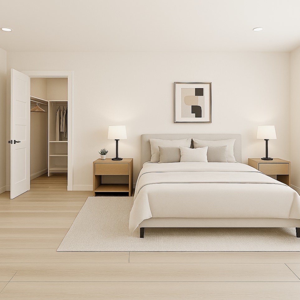 Private primary suite in the 985 SQ FT 2 bedroom 2 bath ADU plans featuring minimal design, walk-in closet, and natural light.