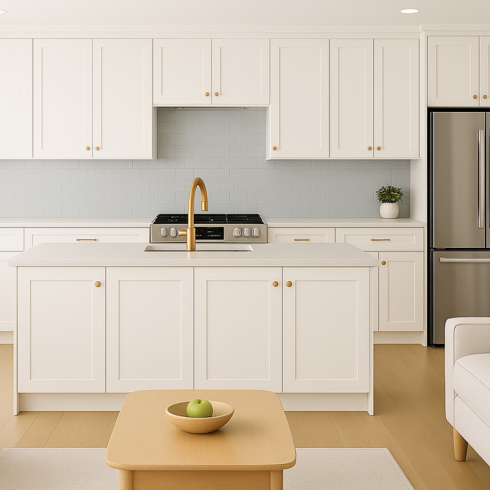 Smart kitchen design in the 985 SQ FT 2 bedroom 2 bath ADU plans with ample cabinetry, island, and built-in stainless appliances.