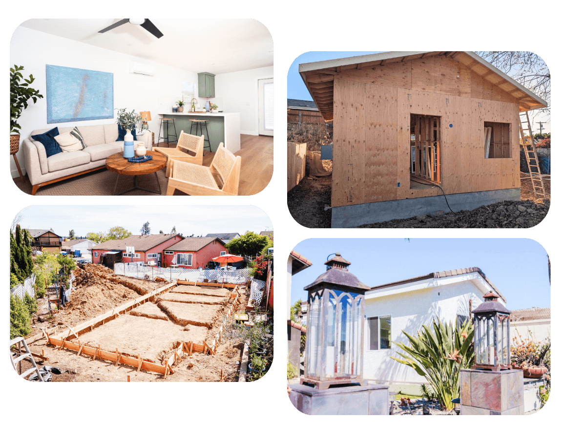 Photo collage of adu floor plans 880 sq ft stages and interior – from foundation to finished living space