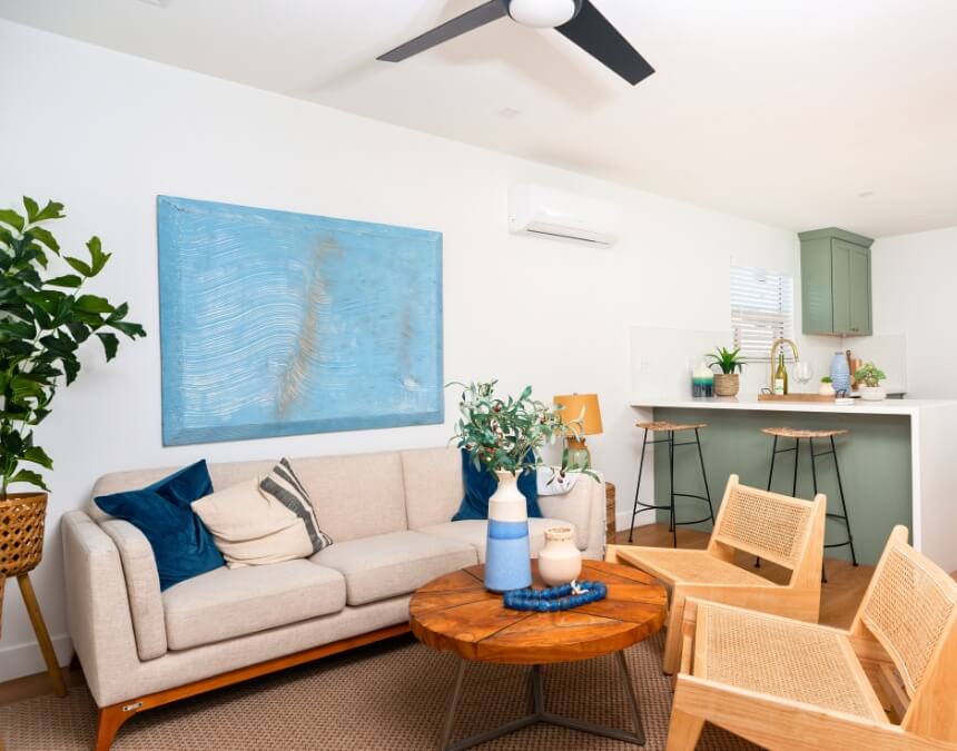 Coastal Living - beachy ADU interior with natural textures and blue accents