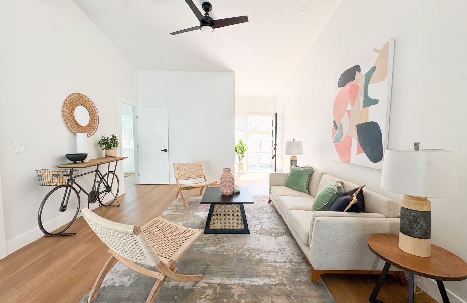Modern interior design inspiration for Cottonwood 1000 sq ft ADU featuring neutral tones, abstract wall art, and airy furnishings.