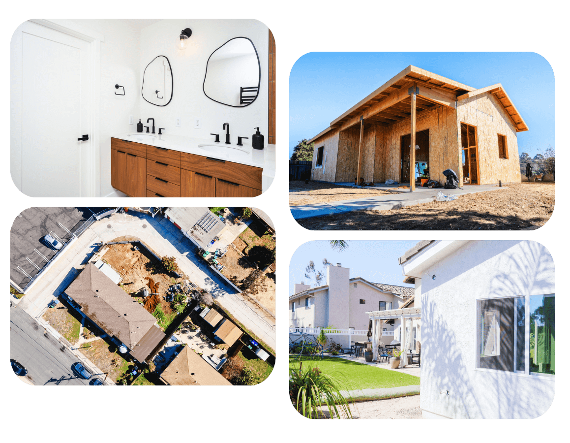Cottonwood 1000 sq ft ADU image collage showing 3-bedroom, 2-bath layout, construction phase, finished exterior, and aerial view of property.