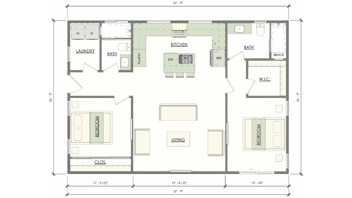 Featured front perspective view of Sumac 985 SQ FT 2 bedroom 2 bath ADU plans with sloped roof and contemporary design.