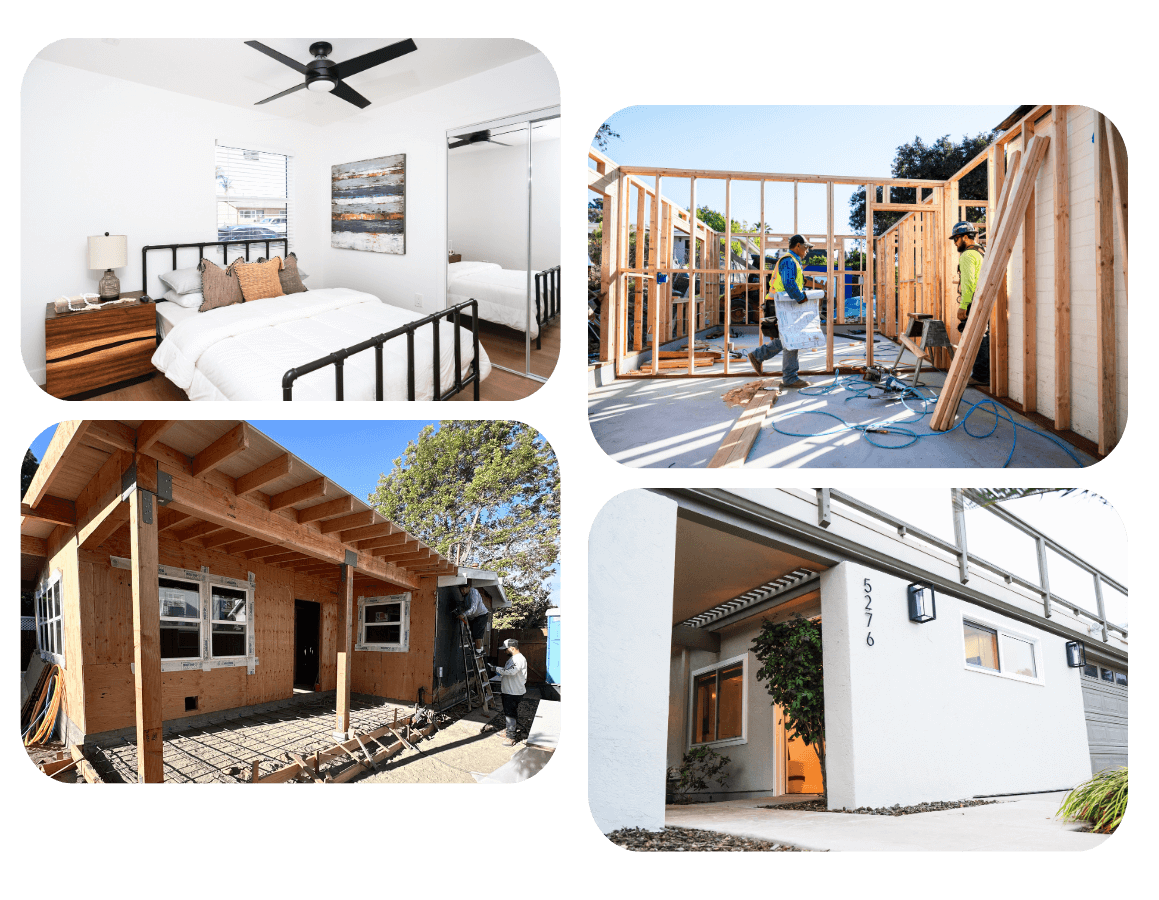 Collage showing Mangrove ADU interior bedroom, in-progress framing, modern exterior, and front porch – Mangrove 1000 sq ft 2 bedroom 2 bath ADU floor plan – illustrates versatility in 2 bedroom 2 bath ADU plans.
