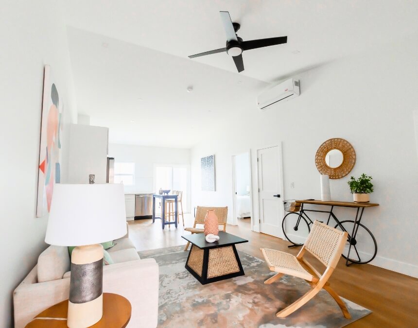 Modern Minimalism - minimalist ADU living room with white and wood tones