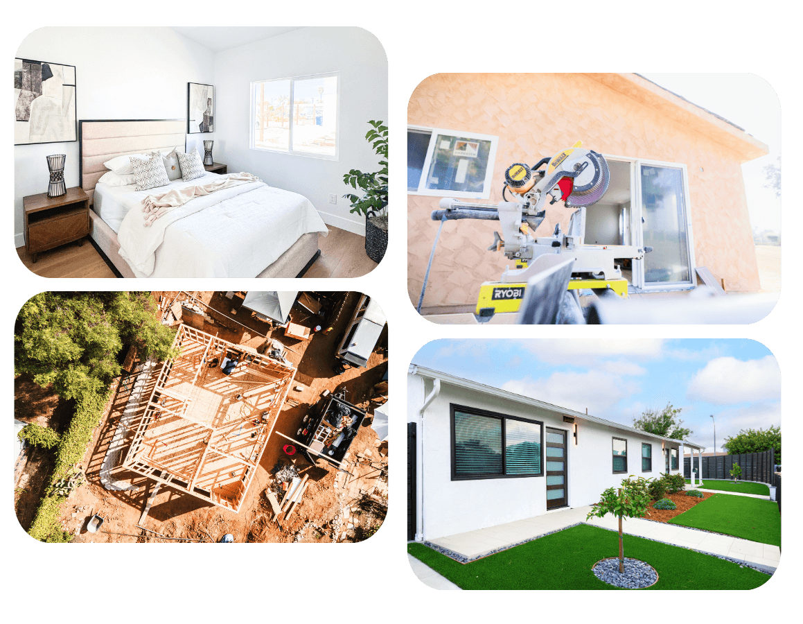 Sandalwood - 900 SQ FT, 2 Bedroom, 2 Bath ADU floor plan showing staged interiors, modern build stages, and final exterior finish of adu 2 bedroom