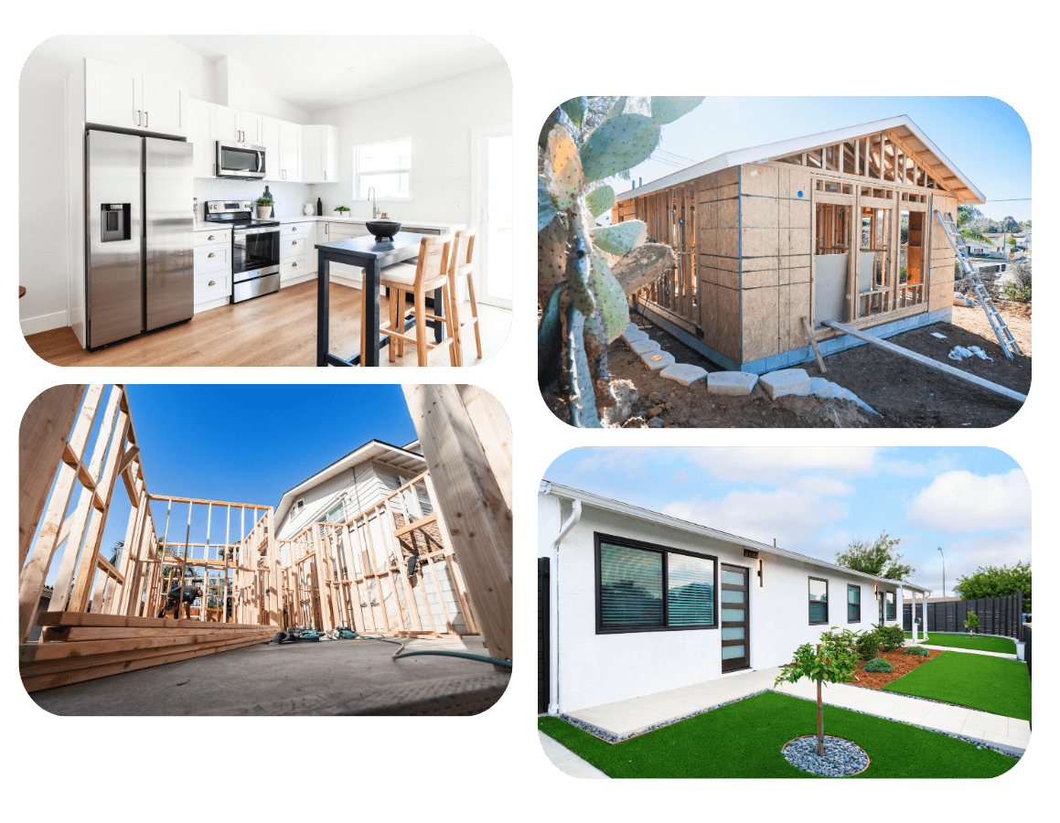 Visual collage showing the construction and final interior/exterior results of the Tamarind 950 sq ft ADU—featuring kitchen, build progress, and completed landscaping.