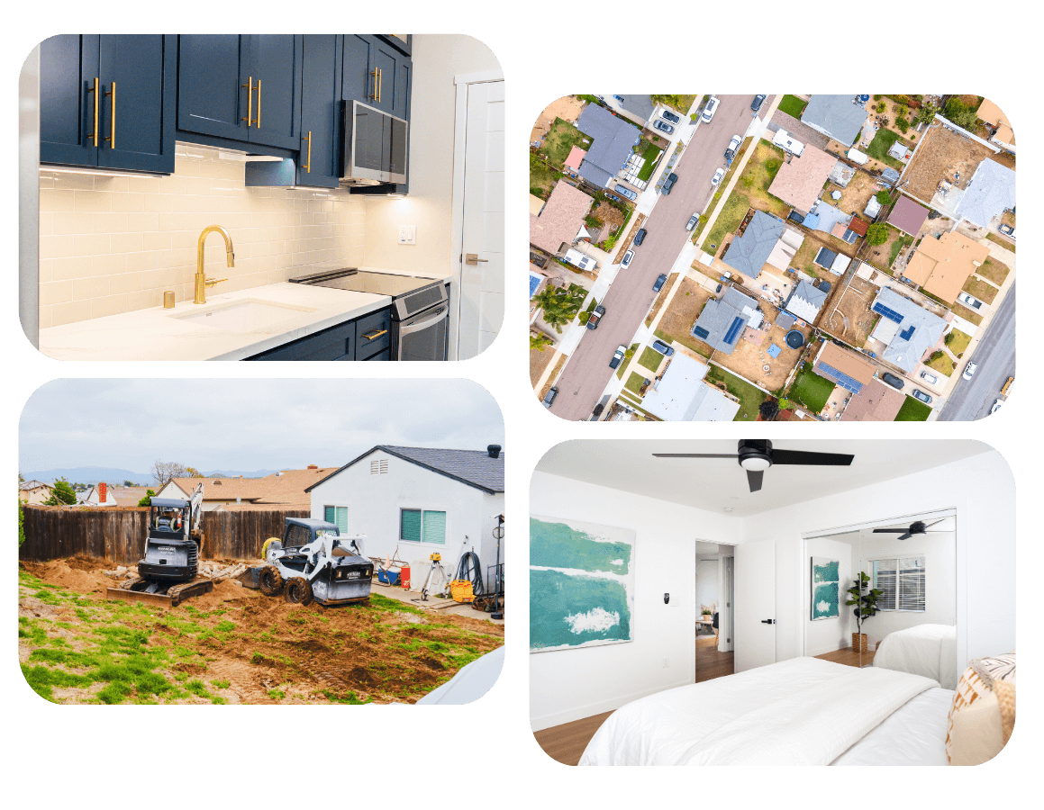 Composite image representing ADU Bonus Program – Unlock Extra Affordable Units in San Diego, featuring kitchen, aerial view, site prep, and finished bedroom scenes