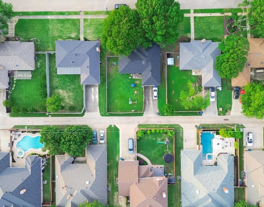 Can You Use SB9 to Split a Lot and Also Build an ADU – aerial view of suburban lots showing potential SB9 and ADU opportunities.