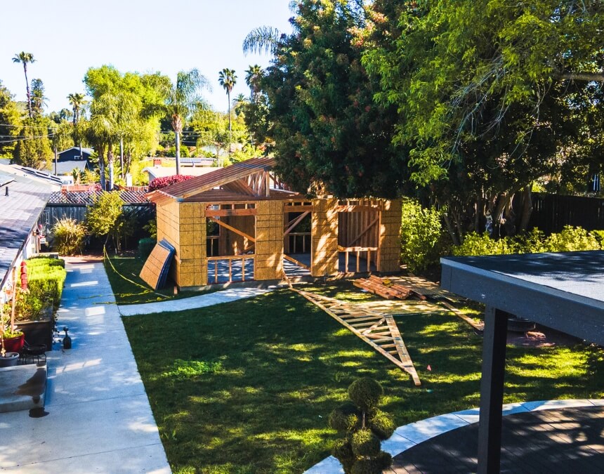 Eligibility Criteria for SB9 Projects – backyard ADU framing under construction.