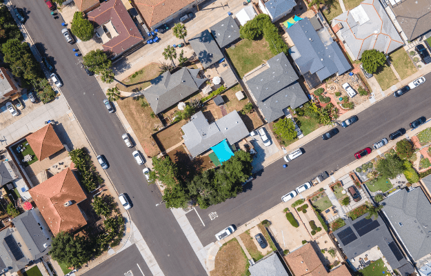 Aerial view of San Diego neighborhood illustrating the early feasibility stage of ADU site planning – Understand what’s possible