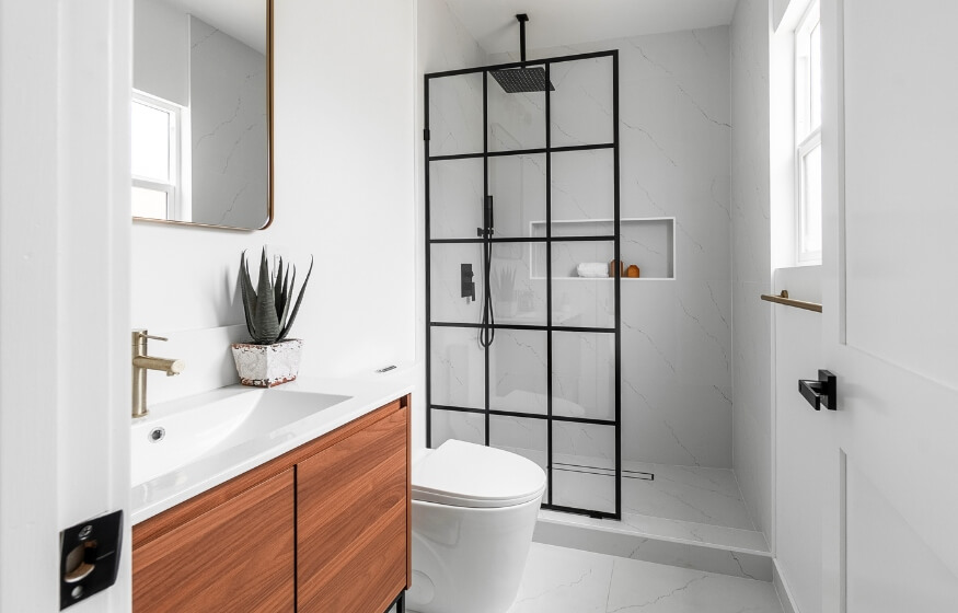 Modern bathroom interior featured in “800 Square Foot ADU Plans – Designer Tips,” showcasing space-efficient design and smart storage.