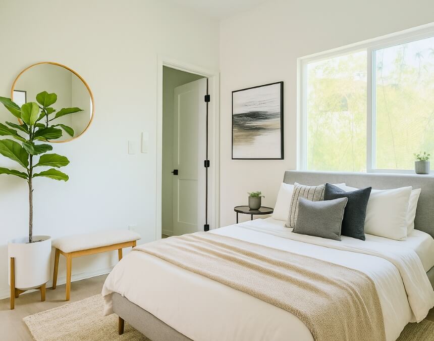 Bright and minimalistic ADU bedroom featuring white walls, neutral bedding, a large window, and modern decor.