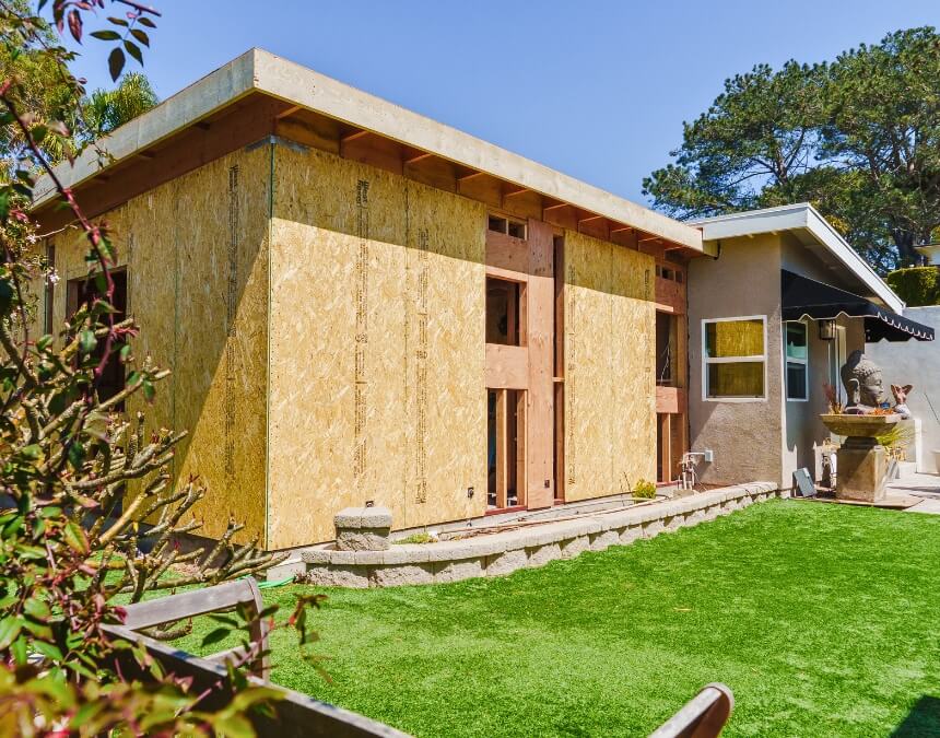 New above-garage ADU framed and sheathed, awaiting exterior finishing