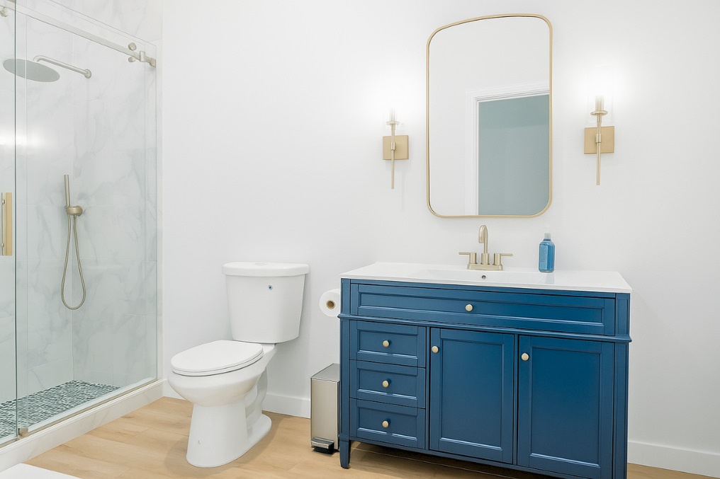 Elegant bathroom in attached ADU featuring blue vanity, gold fixtures, modern lighting, and marble shower tile.