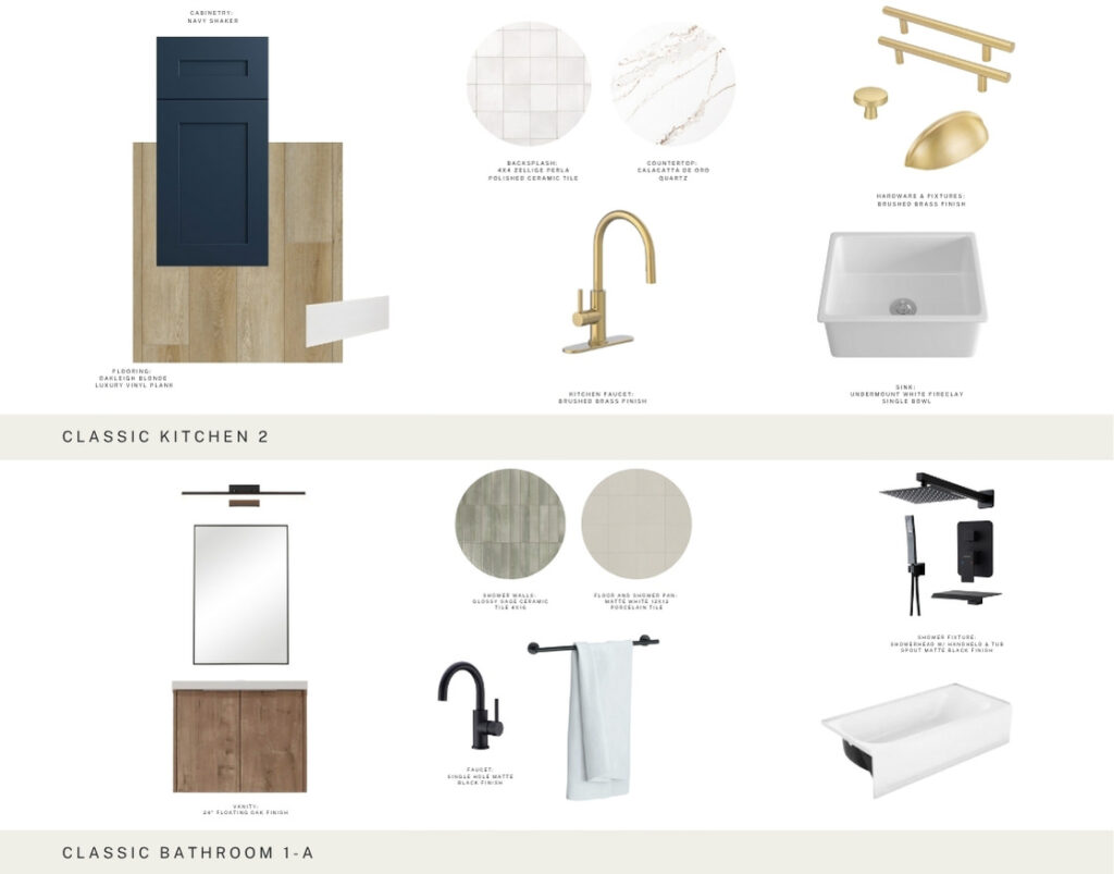 Choose your ideal package showing classic kitchen and bathroom material selections
