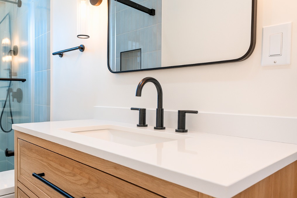 Elegant bathroom vanity featuring wood finish cabinetry, matte black fixtures, and large mirror in ADU