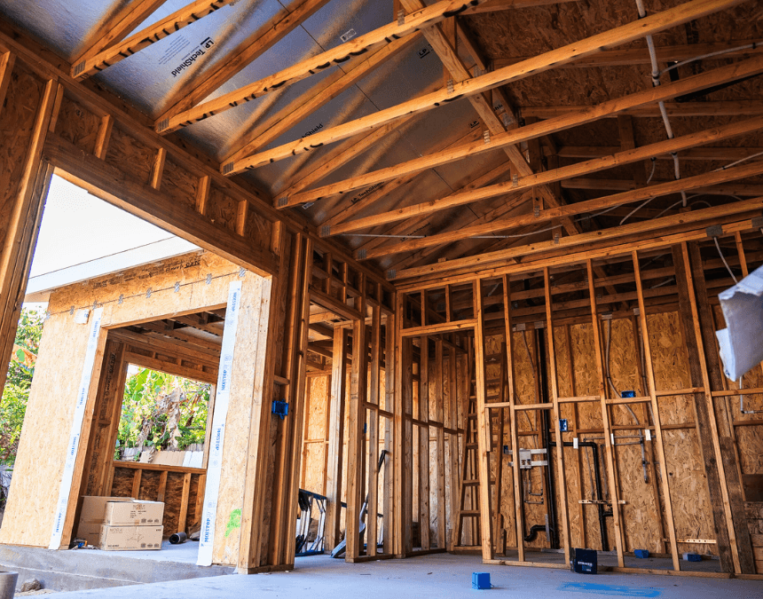 Interior framing of an ADU showing advanced roof trusses and insulation layout, prepped for solar integration and high-efficiency systems.