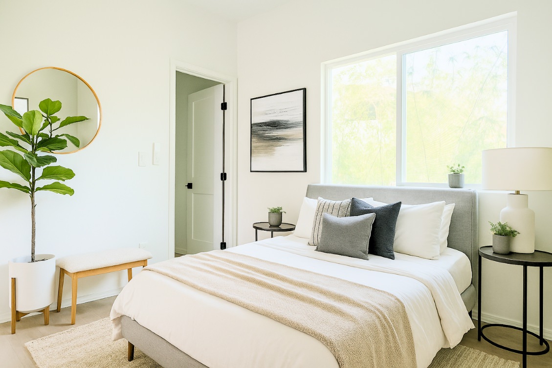 Warm ADU bedroom with earth-toned bedding, mirrored closet doors, and ceiling fan
