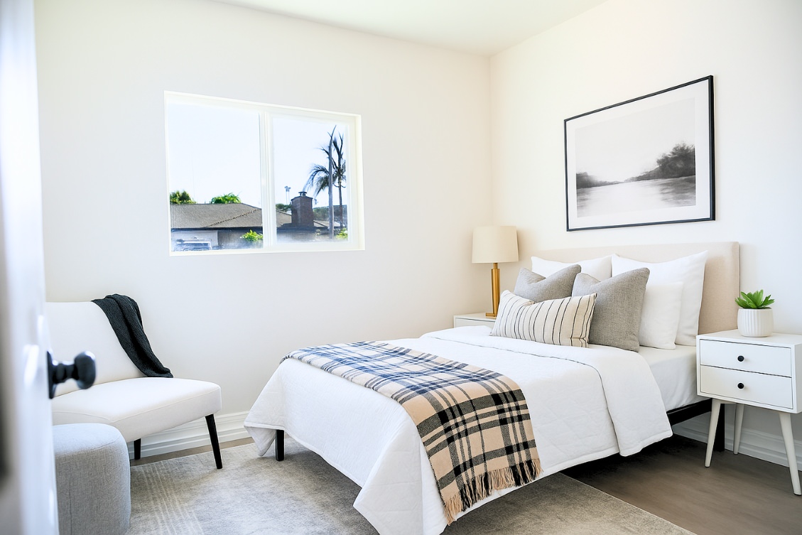 Stylish ADU bedroom with dark wood bedframe, modern abstract art, and black-framed windows